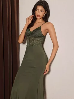 Long Nightgown Hunter Green Lace Backless Sexy Lingerie