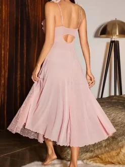 Long Nightgown Pink Lace Flowers Polka Dot Sheer Backless Mesh Sleepwear Sexy Lingerie