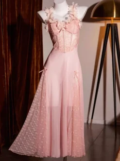 Long Nightgown Pink Lace Flowers Polka Dot Sheer Backless Mesh Sleepwear Sexy Lingerie