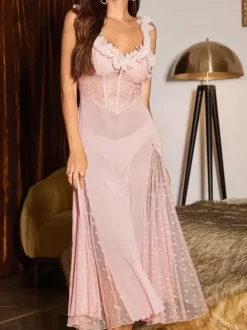 Long Nightgown Pink Lace Flowers Polka Dot Sheer Backless Mesh Sleepwear Sexy Lingerie