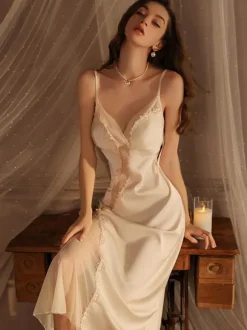 Long Nightgown Red Lounge Sheer Lace Satin Fabric Lingerie