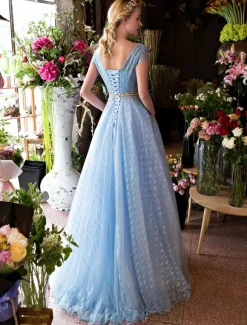 Long Prom Dresses Luxury V Neck Rhinestones Beading Cap Sleeve Pleated Lace Tulle Baby Blue Formal Evening Dresses