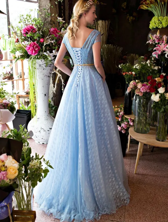 Long Prom Dresses Luxury V Neck Rhinestones Beading Cap Sleeve Pleated Lace Tulle Baby Blue Formal Evening Dresses