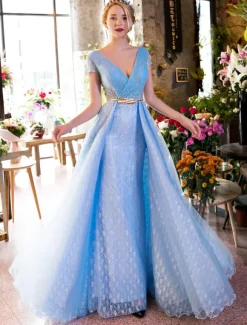 Long Prom Dresses Luxury V Neck Rhinestones Beading Cap Sleeve Pleated Lace Tulle Baby Blue Formal Evening Dresses