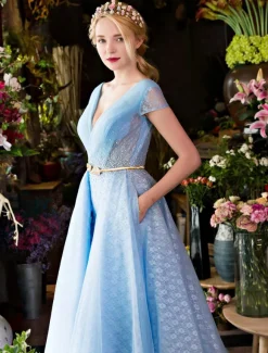 Long Prom Dresses Luxury V Neck Rhinestones Beading Cap Sleeve Pleated Lace Tulle Baby Blue Formal Evening Dresses