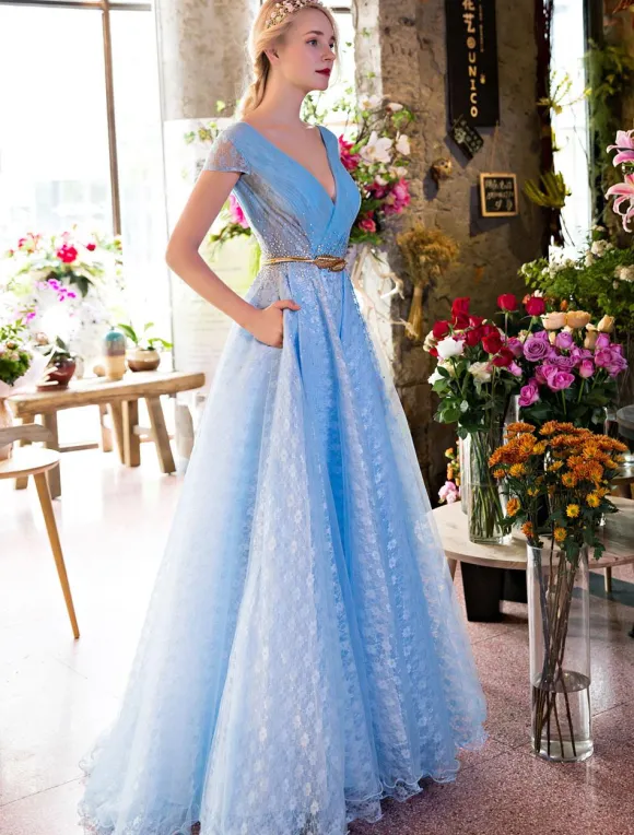 Long Prom Dresses Luxury V Neck Rhinestones Beading Cap Sleeve Pleated Lace Tulle Baby Blue Formal Evening Dresses