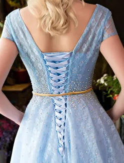 Long Prom Dresses Luxury V Neck Rhinestones Beading Cap Sleeve Pleated Lace Tulle Baby Blue Formal Evening Dresses