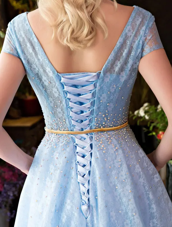 Long Prom Dresses Luxury V Neck Rhinestones Beading Cap Sleeve Pleated Lace Tulle Baby Blue Formal Evening Dresses