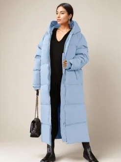 Long Puffer Coats Orange Hooded Winter Full Length Coat For Women