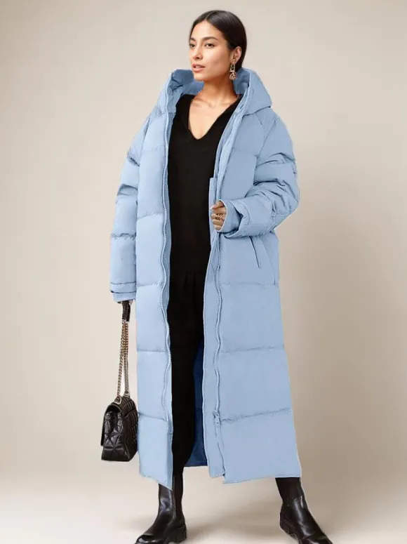 Long Puffer Coats Orange Hooded Winter Full Length Coat For Women