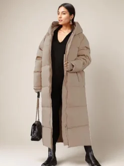 Long Puffer Coats Orange Hooded Winter Full Length Coat For Women