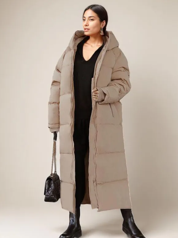 Long Puffer Coats Orange Hooded Winter Full Length Coat For Women