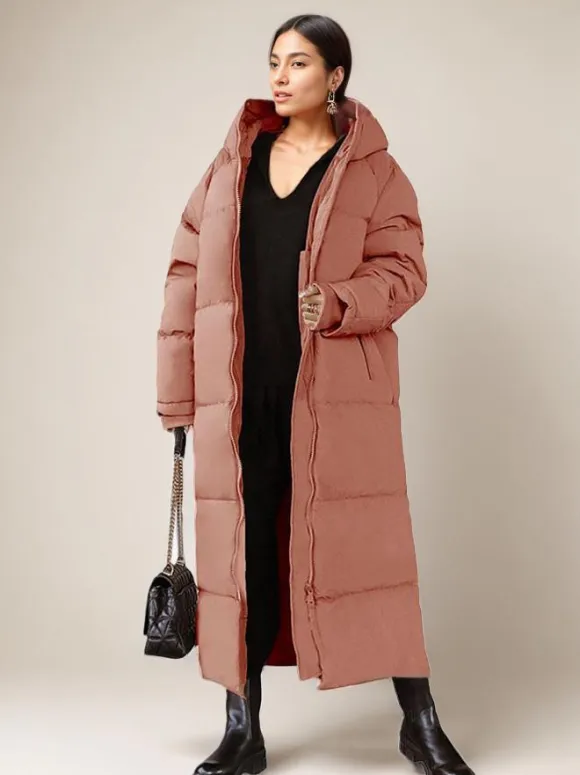 Long Puffer Coats Orange Hooded Winter Full Length Coat For Women