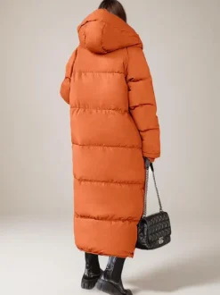 Long Puffer Coats Orange Hooded Winter Full Length Coat For Women