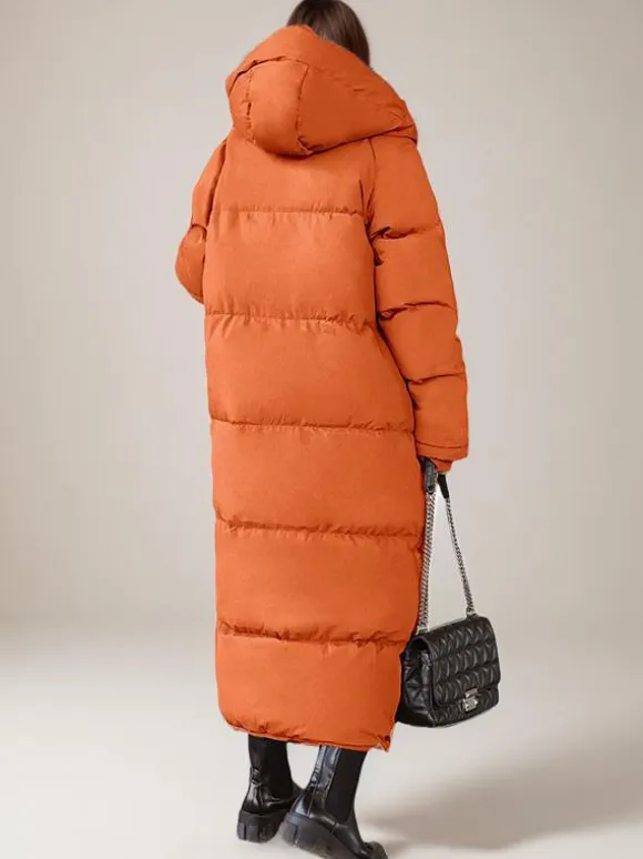 Long Puffer Coats Orange Hooded Winter Full Length Coat For Women