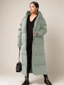 Long Puffer Coats Orange Hooded Winter Full Length Coat For Women