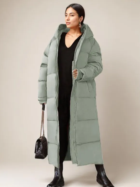 Long Puffer Coats Orange Hooded Winter Full Length Coat For Women