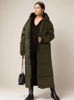 Long Puffer Coats Orange Hooded Winter Full Length Coat For Women