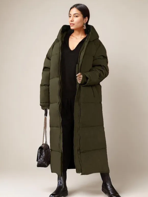 Long Puffer Coats Orange Hooded Winter Full Length Coat For Women