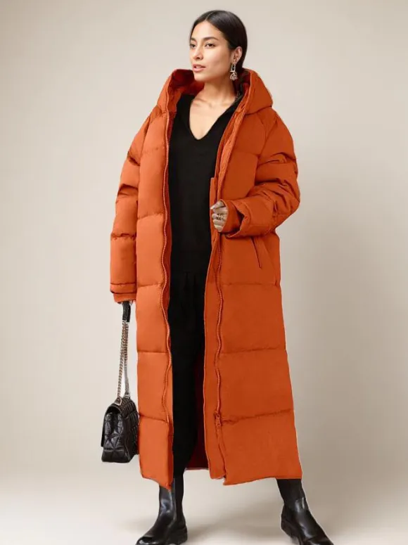 Long Puffer Coats Orange Hooded Winter Full Length Coat For Women