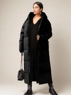 Long Puffer Coats Orange Hooded Winter Full Length Coat For Women