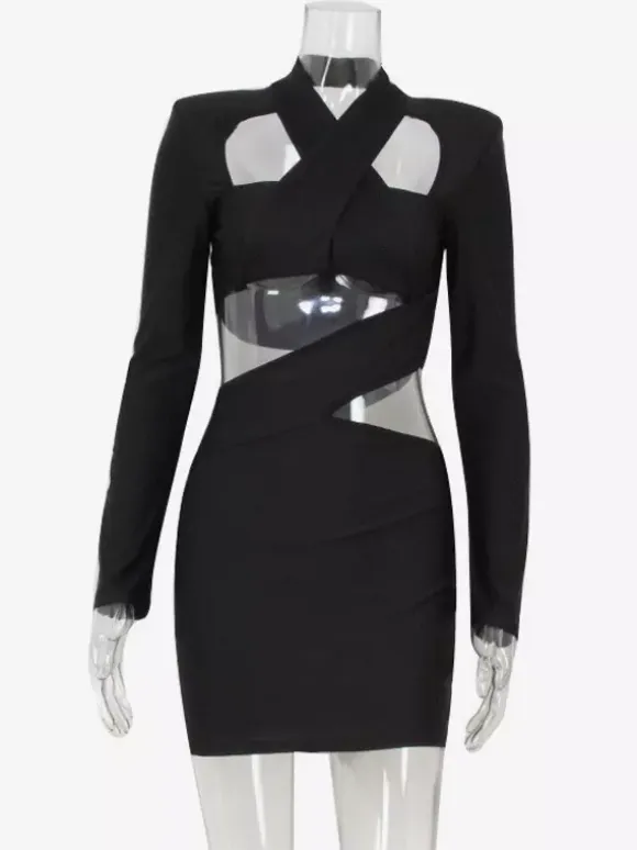Long Sleeve Cut-Out Bodycon Mini Dress In Black For Night Out 2026
