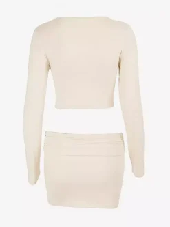 Long Sleeve Deep V Twist Front Crop Top High Waist Ruched Bodycon Mini Skirt Set