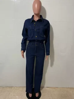 Long Sleeve Denim Jumpsuit For Women - Blue Button Down Straight Leg One Piece Jean Romper - Spring Casual Streetwear 2026