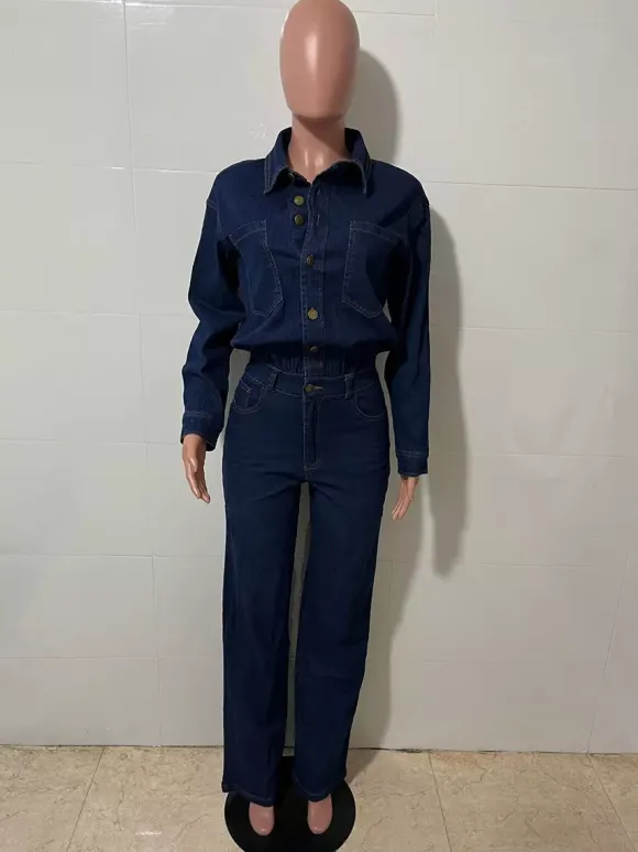 Long Sleeve Denim Jumpsuit For Women - Blue Button Down Straight Leg One Piece Jean Romper - Spring Casual Streetwear 2026