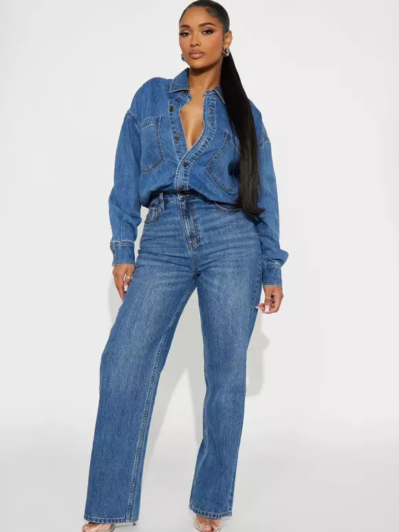 Long Sleeve Denim Jumpsuit For Women - Blue Button Down Straight Leg One Piece Jean Romper - Spring Casual Streetwear 2026