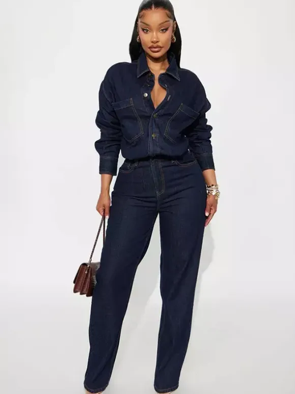Long Sleeve Denim Jumpsuit For Women - Blue Button Down Straight Leg One Piece Jean Romper - Spring Casual Streetwear 2026