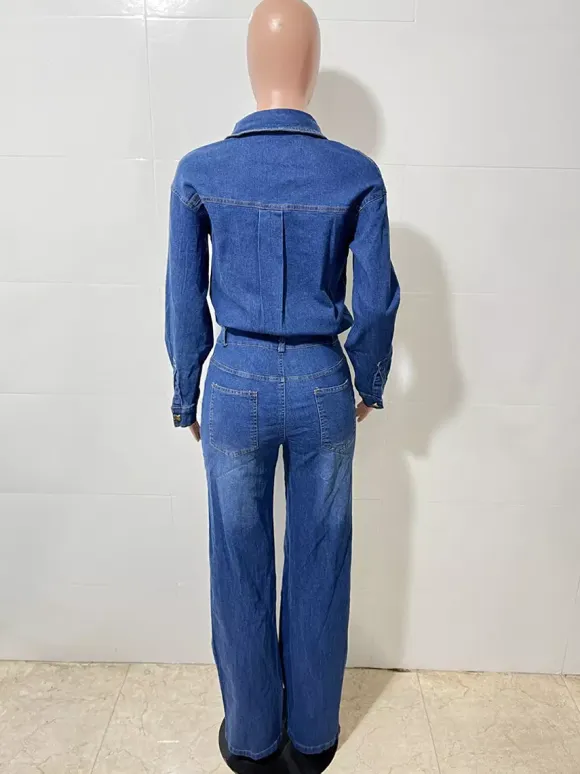 Long Sleeve Denim Jumpsuit For Women - Blue Button Down Straight Leg One Piece Jean Romper - Spring Casual Streetwear 2026