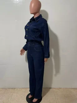 Long Sleeve Denim Jumpsuit For Women - Blue Button Down Straight Leg One Piece Jean Romper - Spring Casual Streetwear 2026