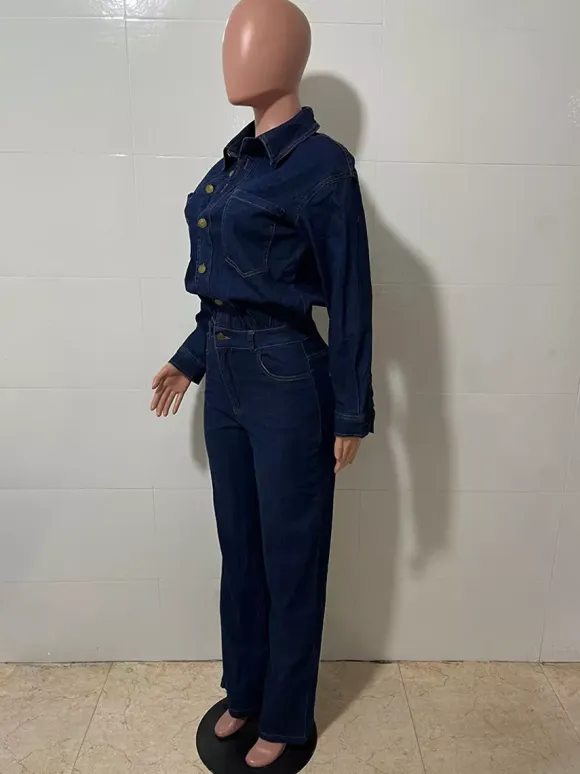 Long Sleeve Denim Jumpsuit For Women - Blue Button Down Straight Leg One Piece Jean Romper - Spring Casual Streetwear 2026