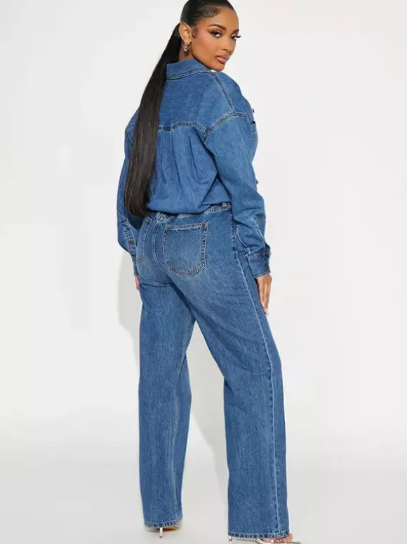 Long Sleeve Denim Jumpsuit For Women - Blue Button Down Straight Leg One Piece Jean Romper - Spring Casual Streetwear 2026