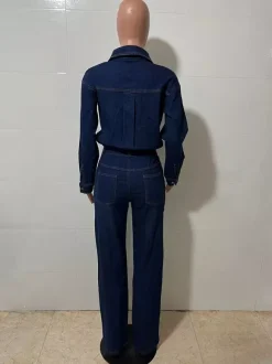 Long Sleeve Denim Jumpsuit For Women - Blue Button Down Straight Leg One Piece Jean Romper - Spring Casual Streetwear 2026
