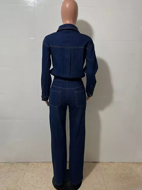 Long Sleeve Denim Jumpsuit For Women - Blue Button Down Straight Leg One Piece Jean Romper - Spring Casual Streetwear 2026