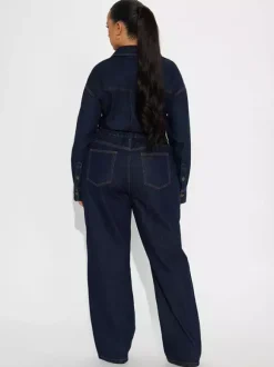 Long Sleeve Denim Jumpsuit For Women - Blue Button Down Straight Leg One Piece Jean Romper - Spring Casual Streetwear 2026