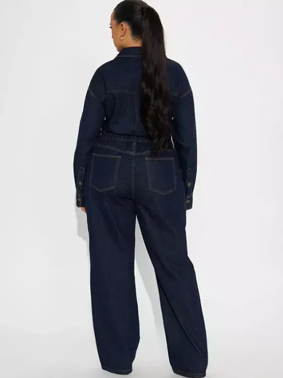 Long Sleeve Denim Jumpsuit For Women - Blue Button Down Straight Leg One Piece Jean Romper - Spring Casual Streetwear 2026