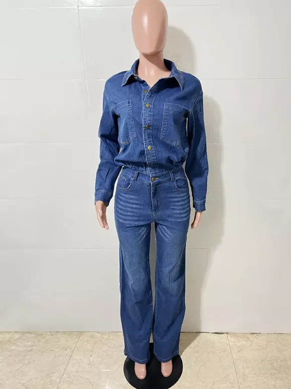 Long Sleeve Denim Jumpsuit For Women - Blue Button Down Straight Leg One Piece Jean Romper - Spring Casual Streetwear 2026