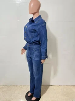 Long Sleeve Denim Jumpsuit For Women - Blue Button Down Straight Leg One Piece Jean Romper - Spring Casual Streetwear 2026
