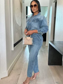 Long Sleeve Denim Jumpsuit For Women - Washed Blue Utility Elastic Waist Pencil Overalls - Spring Daily Streetwear 2026