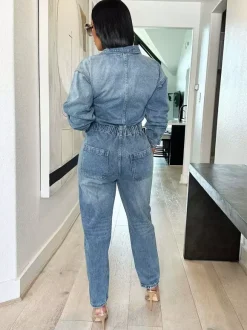 Long Sleeve Denim Jumpsuit For Women - Washed Blue Utility Elastic Waist Pencil Overalls - Spring Daily Streetwear 2026