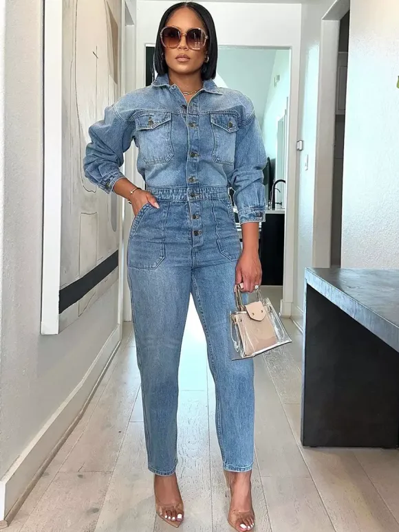 Long Sleeve Denim Jumpsuit For Women - Washed Blue Utility Elastic Waist Pencil Overalls - Spring Daily Streetwear 2026