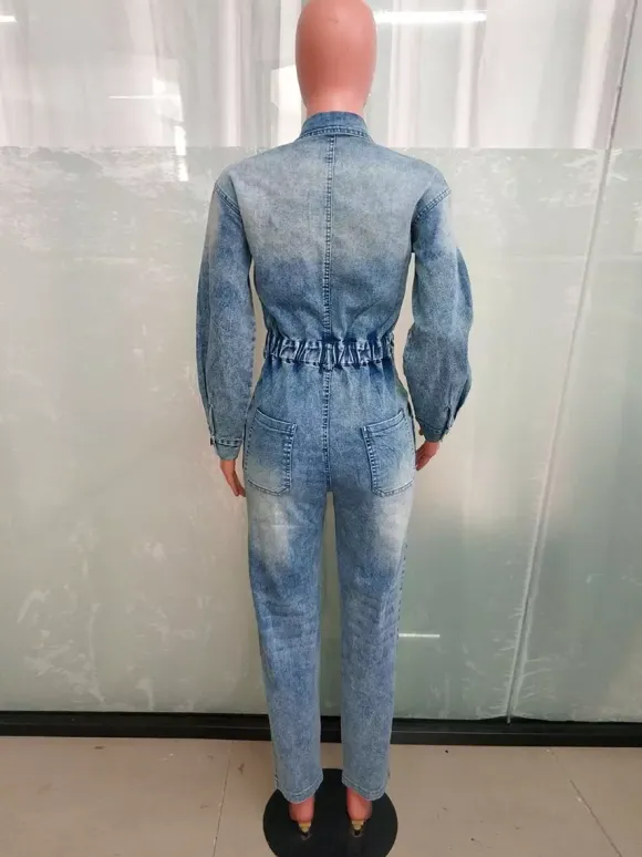 Long Sleeve Denim Jumpsuit For Women - Washed Blue Utility Elastic Waist Pencil Overalls - Spring Daily Streetwear 2026