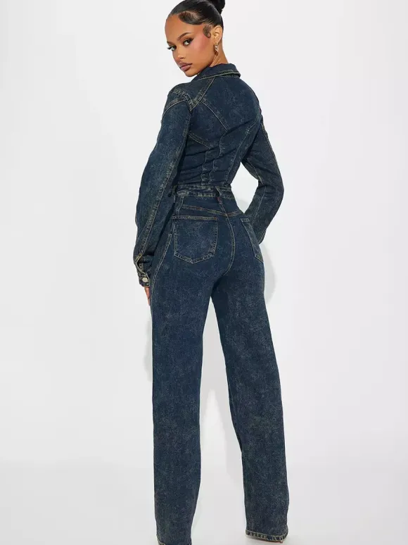 Long Sleeve Denim Jumpsuit For Women - Dark Wash Vintage Button Up Wide Leg Bodycon Playsuit - Spring Streetwear 2026