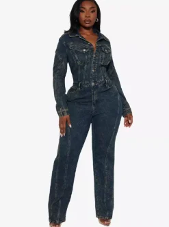 Long Sleeve Denim Jumpsuit For Women - Dark Wash Vintage Button Up Wide Leg Bodycon Playsuit - Spring Streetwear 2026