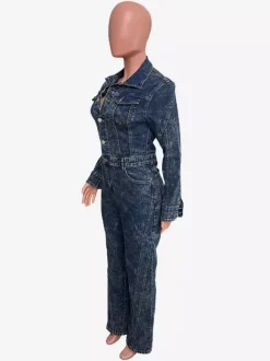 Long Sleeve Denim Jumpsuit For Women - Dark Wash Vintage Button Up Wide Leg Bodycon Playsuit - Spring Streetwear 2026