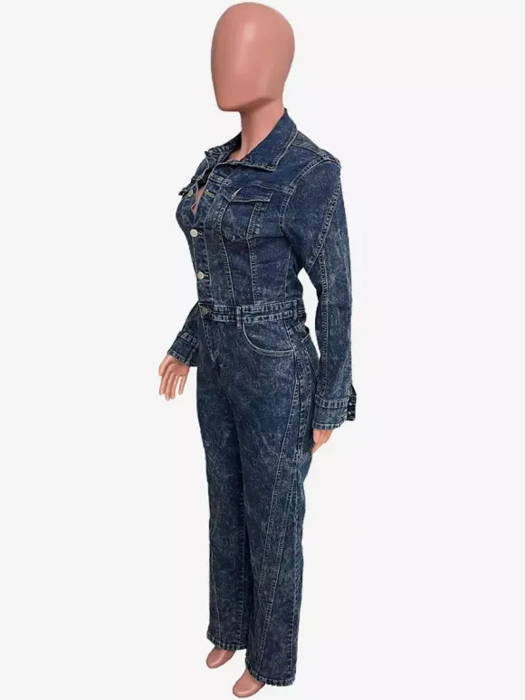 Long Sleeve Denim Jumpsuit For Women - Dark Wash Vintage Button Up Wide Leg Bodycon Playsuit - Spring Streetwear 2026