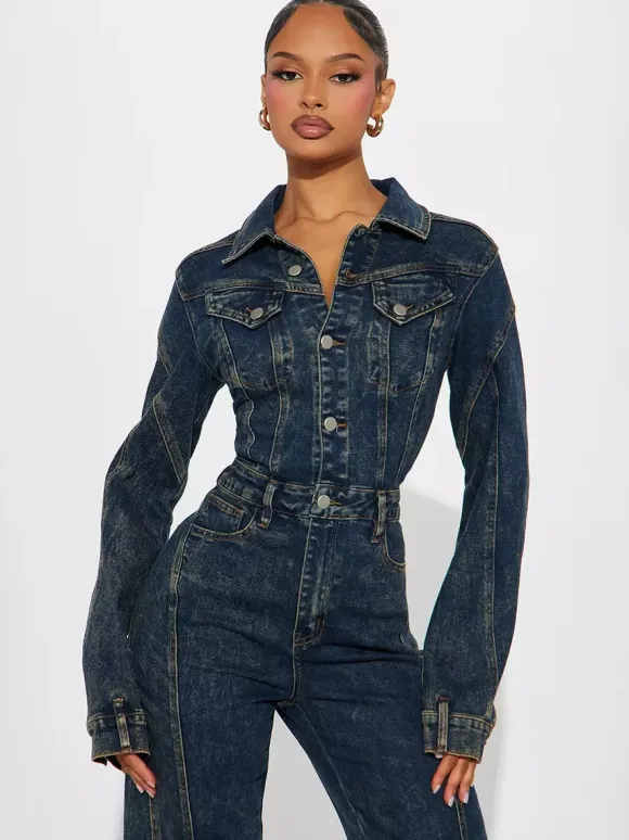 Long Sleeve Denim Jumpsuit For Women - Dark Wash Vintage Button Up Wide Leg Bodycon Playsuit - Spring Streetwear 2026